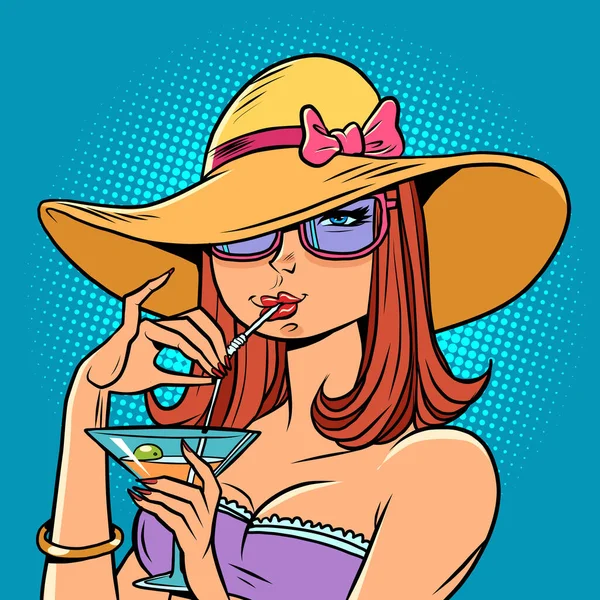 A woman drinks a cocktail on the beach, summer vacation. Soft drink — Stockvector