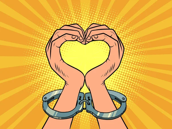 Ręce kochają gesty serca w kajdankach. Kochanek w więzieniu. Symbol wolności i pokojowego protestu — Wektor stockowy