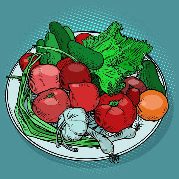 Fresh vegetables on a plate tomato garlic onion cucumber salad — Stockvector