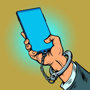 Akıllı telefon bağımlılığı. Adamın eli telefona zincirlenmiş durumda. Gadgets İnternet çevrimiçi sosyal ağları