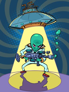 UFO uçan daire ve şeytani yeşil bir uzaylı.