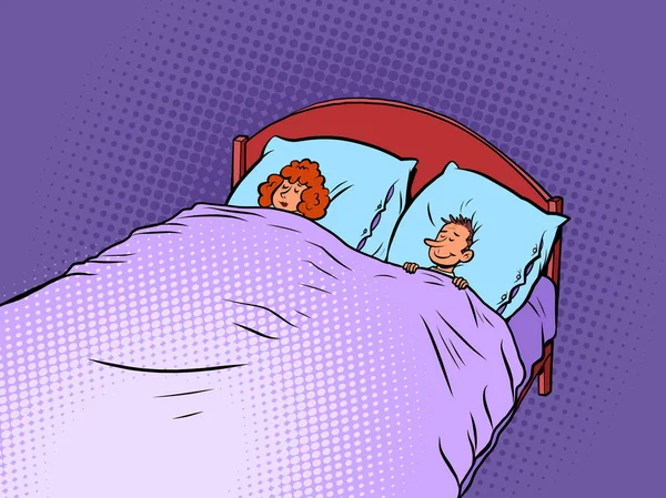 A férj és a feleség az ágyban alszanak. családi élet. Hálószoba — Stock Vector