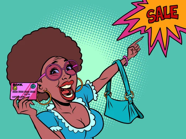 Kredi kartı olan Afrikalı kadın indirimli indirim istiyor. Alıcı eliyle işaret eder. — Stok Vektör