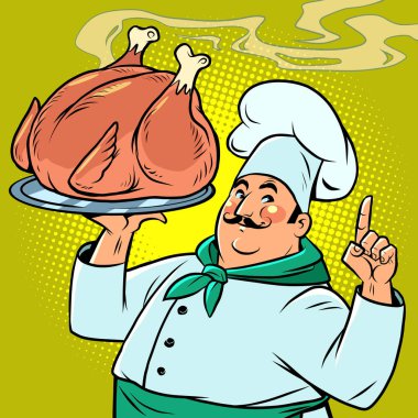 Aşçıdan kızarmış tavuk ya da hindi tabağında. Şükran Günü ve Noel