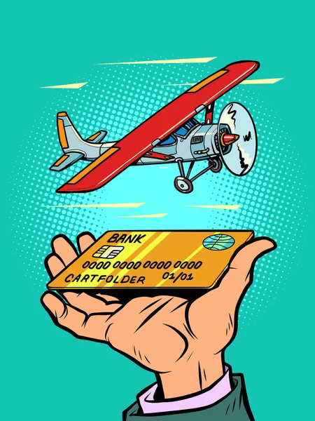 Pasajero pequeño avión de hélice, tarjeta bancaria de crédito o débito — Vector de stock