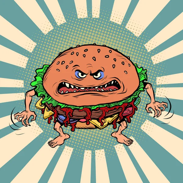 Angry hungry burger character. Emotional fast food — Stock Vector