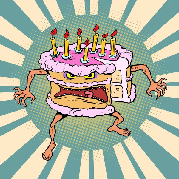 Bolo zangado engraçado. Um mau feriado de aniversário. Caráter doce pastelaria —  Vetores de Stock