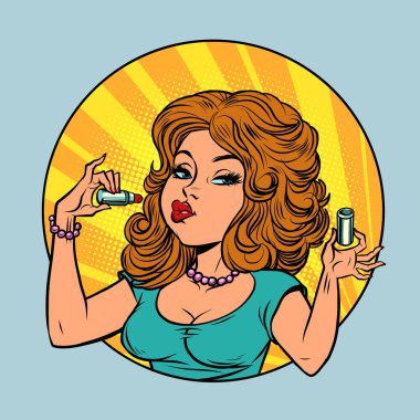 Ruj, kozmetik ve parfümlü güzel bir kadın.