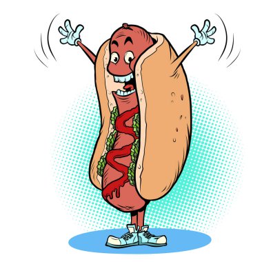 Neşeli pozitif sosisli fast food komik maskot karakter, restoranlar ve sokak yemekleri