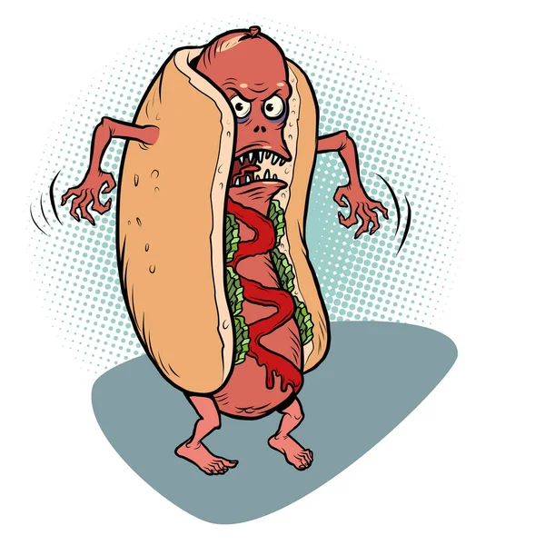 Kızgın negatif tehlikeli sosisli fast food komik maskot karakteri, restoranlar ve sokak yemekleri — Stok Vektör
