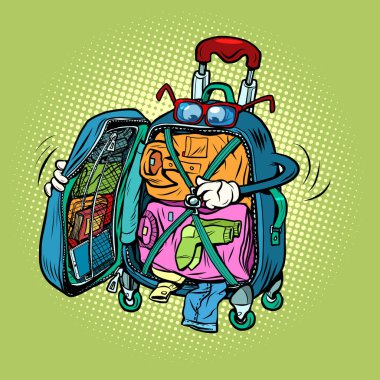 seyahat valizi karakteri giysi, tatil gezisi ve turizm paketleri