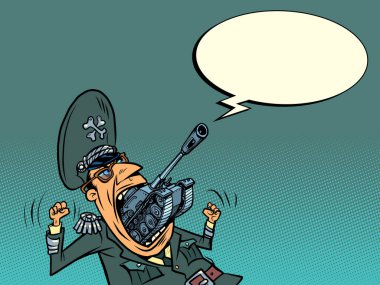 Tank bir askeri generalin ağzından çıkıyor. Militarizm ve barış tehdidi