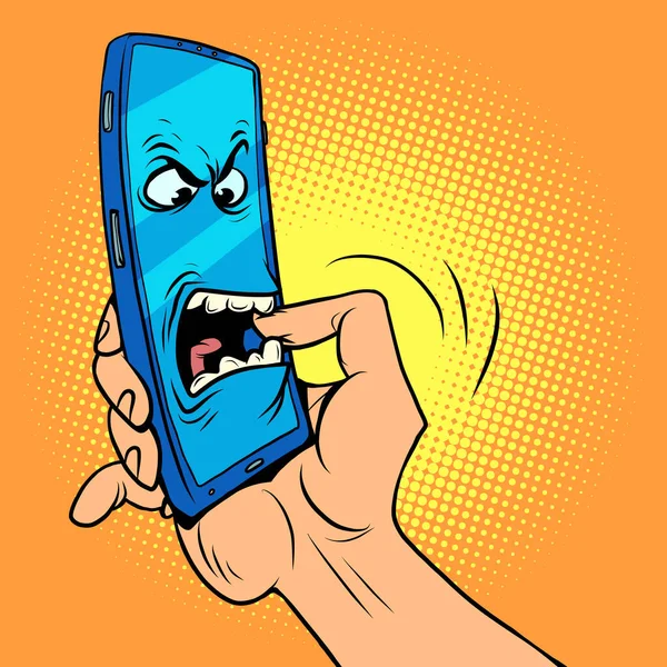 El personaje del smartphone muerde su mano. Teléfonos móviles peligrosos, seguridad de la información y adicción en línea — Vector de stock
