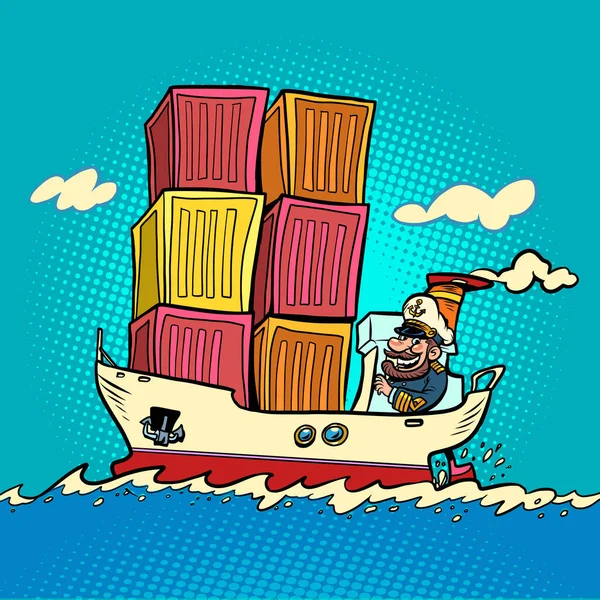 Доставка контейнеров, персонаж комикса капитана. Грузовые перевозки — стоковый вектор