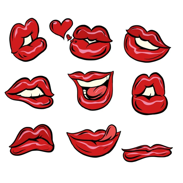 Set colección de labios rojos femeninos. Mujer sexy. Amor y romance. Aislar sobre un fondo blanco. — Archivo Imágenes Vectoriales