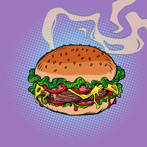 Burger makanan cepat saji adalah makanan jalanan yang menenangkan. Roti dengan isi - Stok Vektor