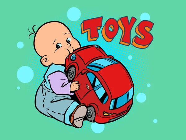 可愛い赤ちゃんがおもちゃの車でチューイン — ストックベクタ
