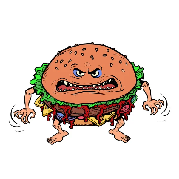 Kızgın, aç burger karakteri. Duygusal fast food. Beyaz arkaplanda izole et — Stok Vektör