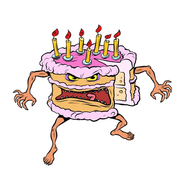 Vicces dühös torta. Egy rossz szülinapi ünnep. Édes sütemény karakter izolátum fehér alapon — Stock Vector