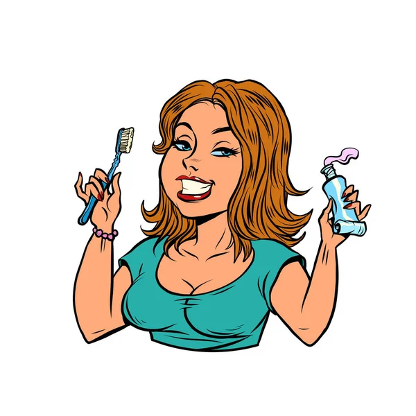 Красивая молодая женщина чистит зубы зубной пастой, гигиеной полости рта и стоматологией — стоковый вектор