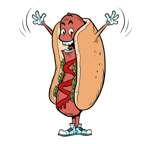 Alegre alegre positivo cachorro-quente fast food mascote engraçado personagem, restaurantes e comida de rua — Vetor de Stock