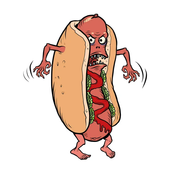 Raiva negativo perigoso cachorro-quente fast food mascote engraçado personagem, restaurantes e comida de rua — Vetor de Stock