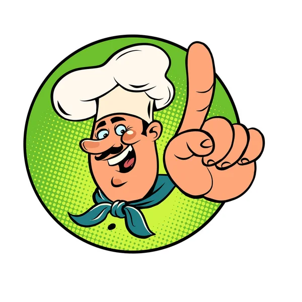 Hombre chef con gorra blanca. Cara sonriente. Gesto índice dedo arriba, atención — Vector de stock