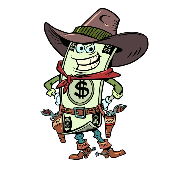 Dólar Dinheiro personagem cômico de um xerife cowboy de um western. Economia e Finanças —  Vetores de Stock