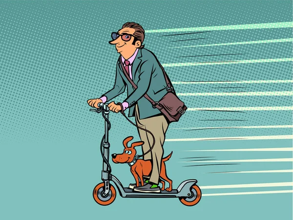 Un hombre de negocios con un perro monta en un scooter eléctrico. transporte urbano ecológico ecológico alternativo. Mascotas — Vector de stock