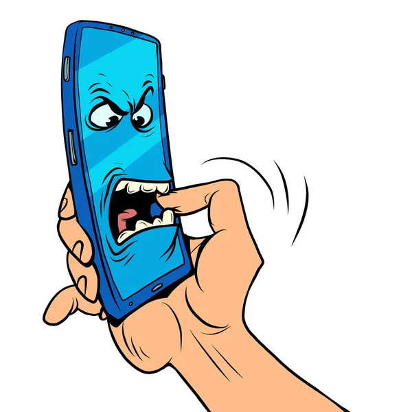 El personaje del smartphone muerde su mano. Teléfonos móviles peligrosos, seguridad de la información y adicción en línea — Vector de stock