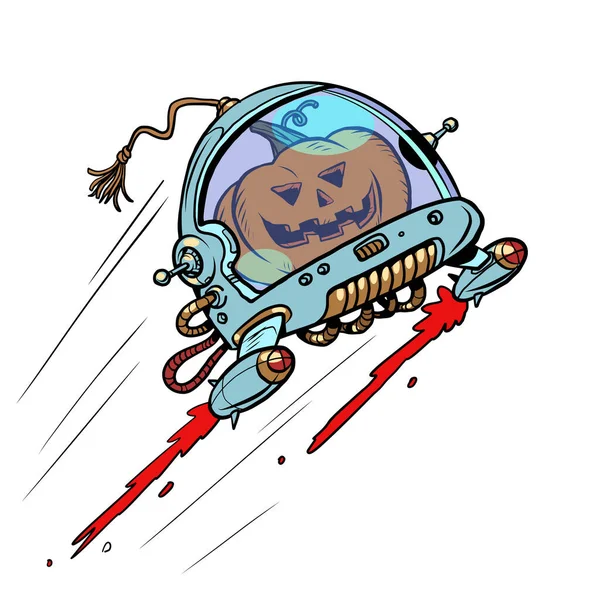 宇宙でのハロウィーンのカボチャ、秋の休日。ひどい宇宙飛行士だ。白い背景に隔離された — ストックベクタ