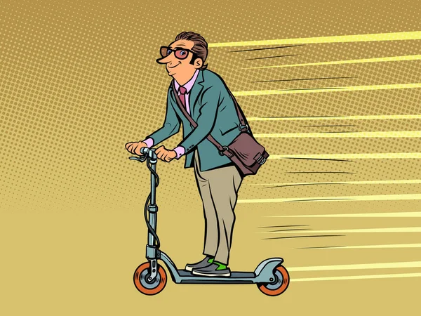 Um homem de negócios monta uma scooter elétrica. transporte urbano ecológico ecológico alternativo. O estilo de vida de um homem moderno —  Vetores de Stock