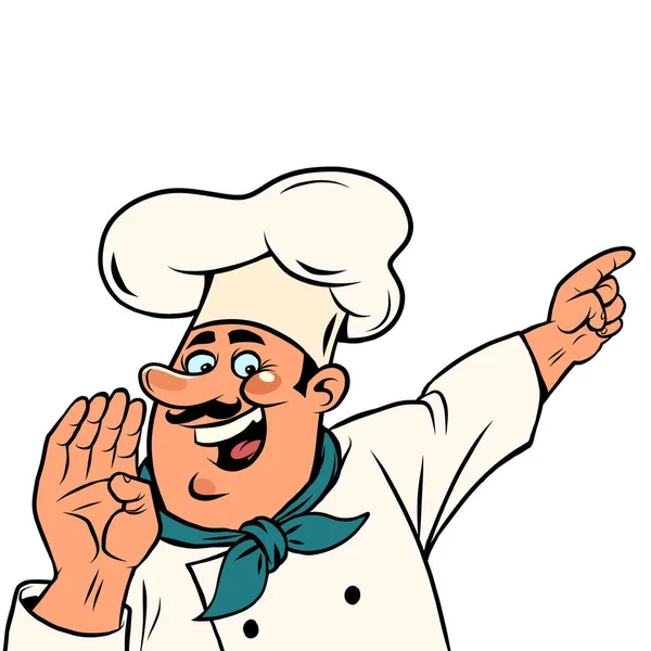 Chef homem com um boné branco. Cara sorridente. Profissional aponta um dedo Isolar em um fundo branco —  Vetores de Stock