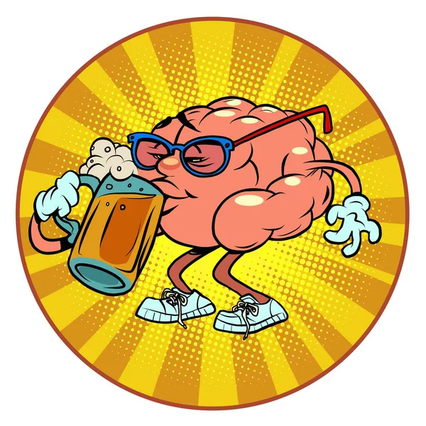 Bebe cerveza en el bar cerebro humano carácter, sabio inteligente — Vector de stock