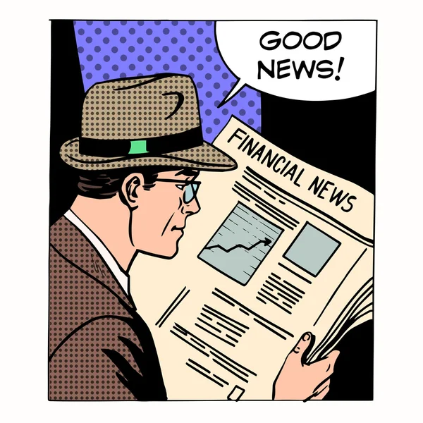 Хорошие финансовые новости бизнесмен читает газету — стоковый вектор