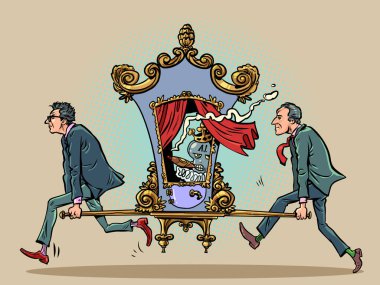 Yapay zeka kralı. Robot bir at arabasında insanlar tarafından taşınır. Yapay zekanın gücü ve yetenekleri. Çizgi roman pop sanat retro vektör illüstrasyon el çizimi