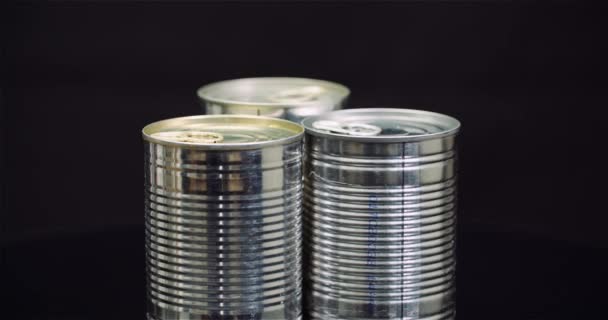 Food supplies Canned Food Rotating on Black Background — Stock Video