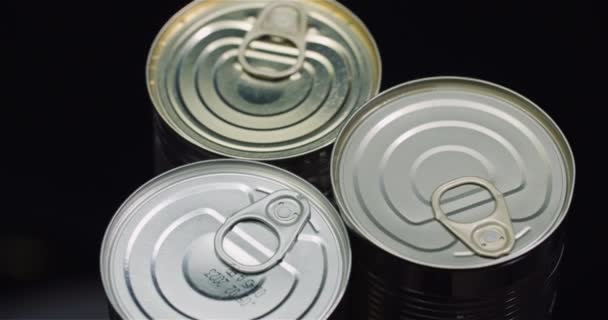 Food supplies Canned Food Rotating on Black Background — Stock Video