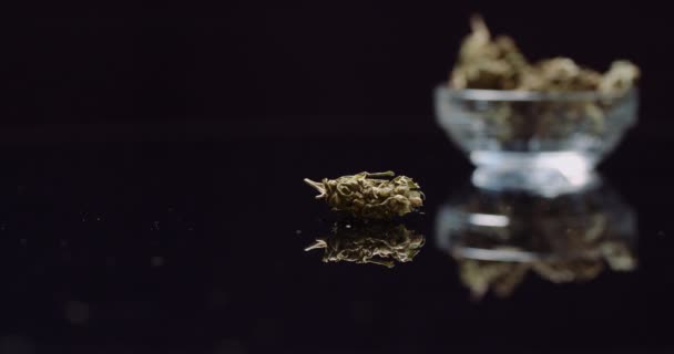 Conceito de drogas cannabis - maconha seca em pequena tigela rotativa — Vídeo de Stock