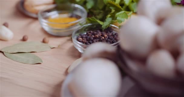 Fresh Food Ingredients On Wooden Table In Kitchen — Stock Video