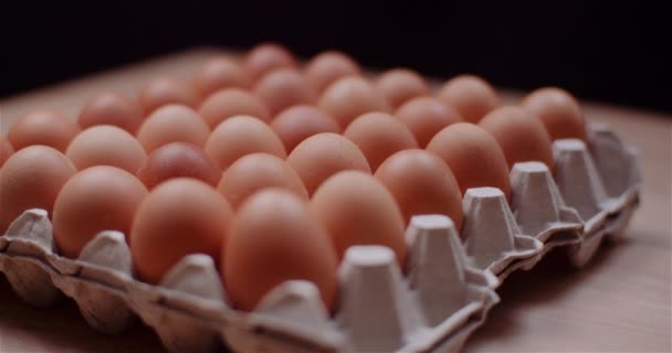 Экструдер для яиц, полный свежих яиц на черном фоне — стоковое видео