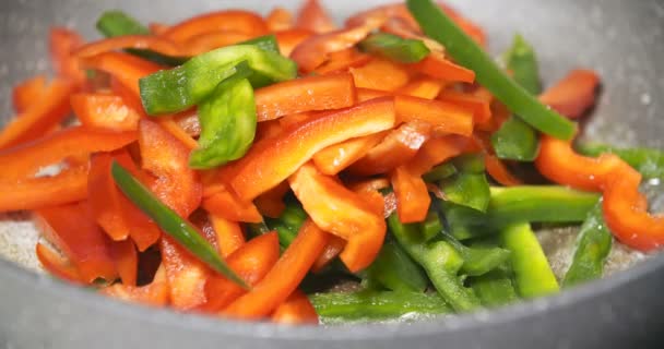 Zblízka pánev smažené jídlo z lahodné barevné zeleniny — Stock video