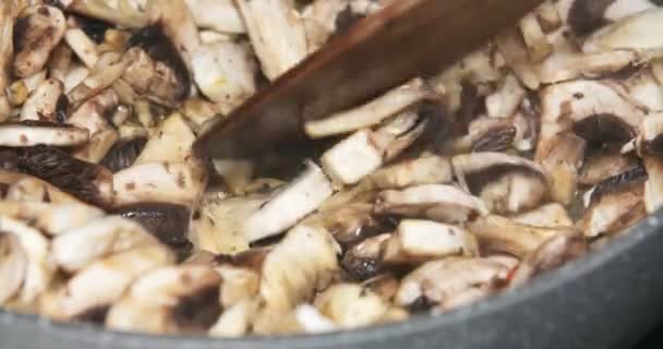 मशरूम पॅन मध्ये शिजवले जात आहेत — स्टॉक व्हिडिओ