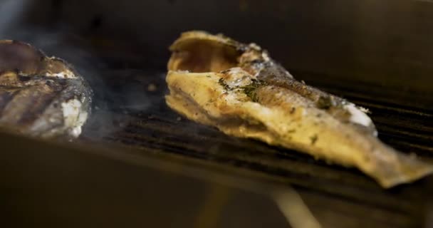 Kook Grillen vis in de keuken — Stockvideo