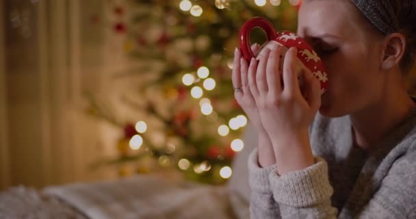 Kvinna Slappna av på en soffa Hålla mugg och dricka varmt te på julafton. — Stockvideo