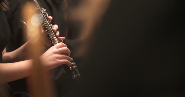 Femalne muzikant speelt klarinet tijdens concert — Stockvideo