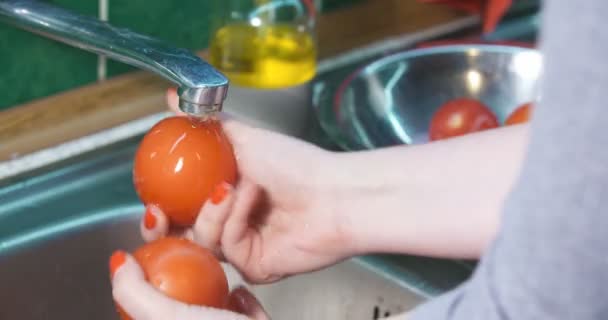 Las mujeres lavan las manos hortalizas frescas. Limpieza de tomates. — Vídeos de Stock