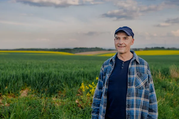 Portrait of Successful Farmer Working at Farm Looking at Crops Wheat Field — Stock Photo, Image