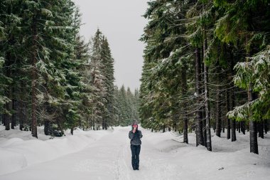 Kışın dağlarda yürüyüş yapan yürüyüşçü.