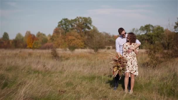 一对年轻夫妇在草地上散步。积极的年轻诗人的快乐. — 图库视频影像